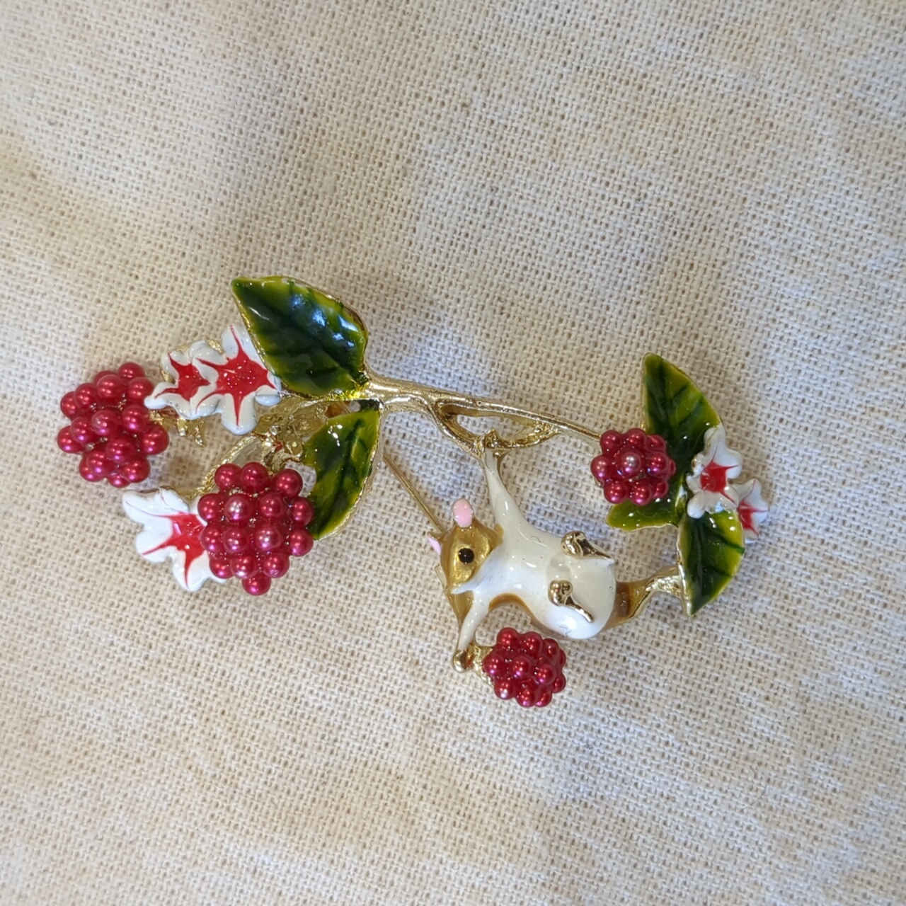 Floral Mouse Brooch With Red And Green Accents